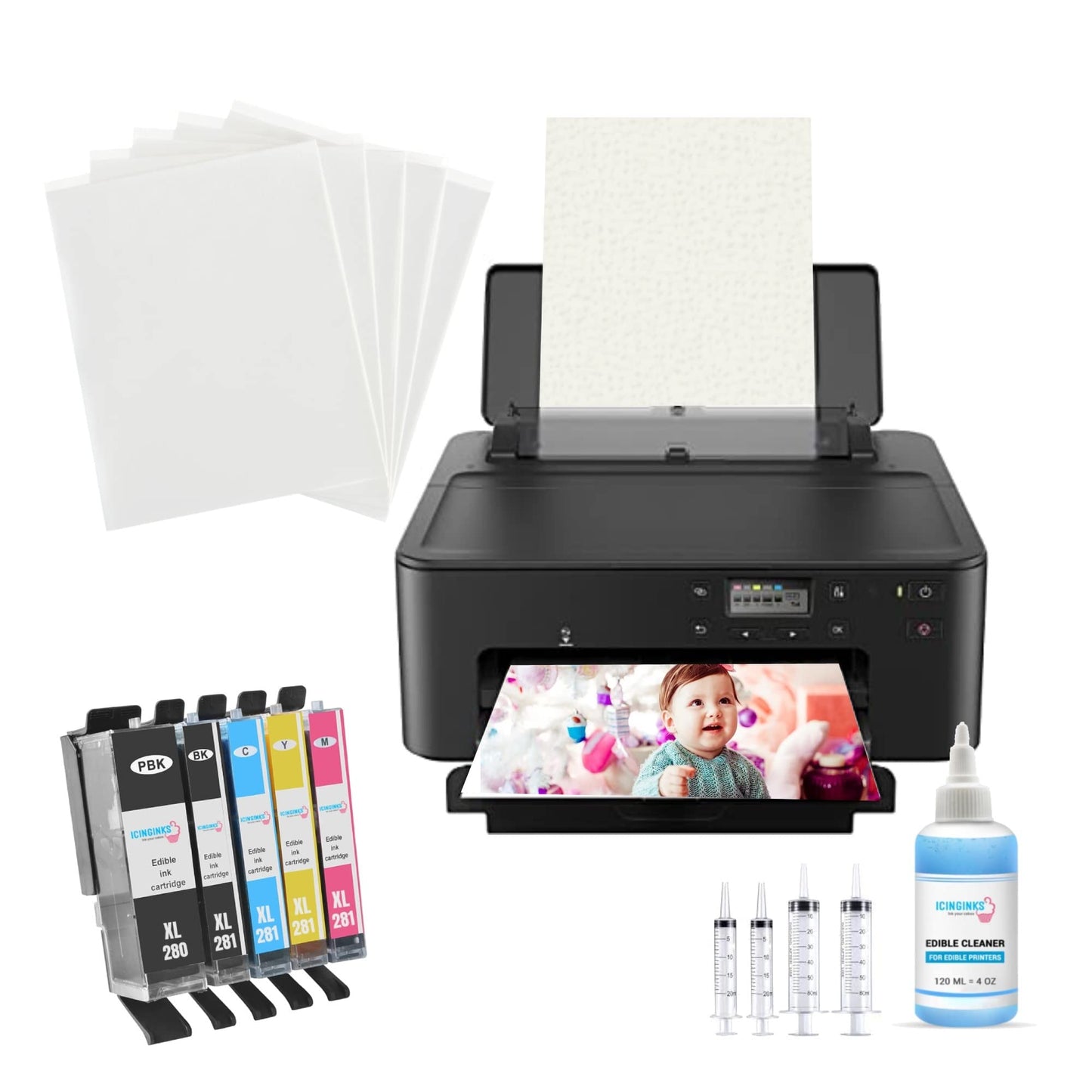Icinginks Latest Cake Topper Image Printer Package 25 Wafer Papers 12 Sugar Sheets Set of project pieces Printhead Flush Cleaning Kit Pro Bundle System