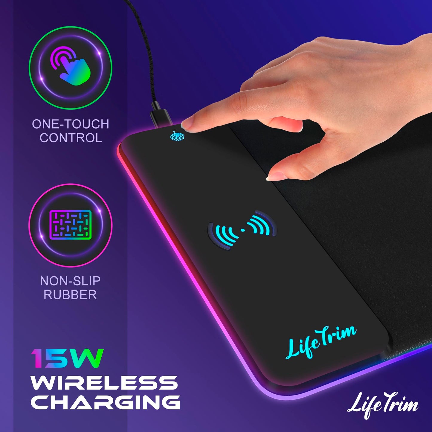 LifeTrim Wireless Charger LED Mousepad 35.5 x 12 Inch RGB Gaming Mouse Pad 10 Light Modes 4mm Thick Large Desk Pad Wireless Charging Cool Mouse Pad for PC Accessories & Gaming Gifts