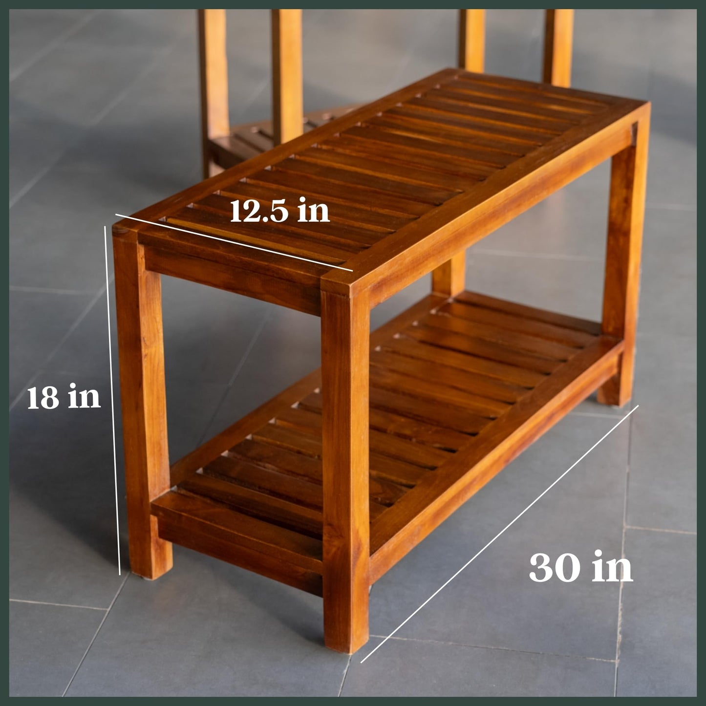 The Teaky Hut Teak Shower Bench 30 Inch ā Fully Assembled Wooden Bench with Shelf, Water-Resistant, Non-Slip Adjustable Feet ā Indoor Spa, Garden, or Bathroom Use