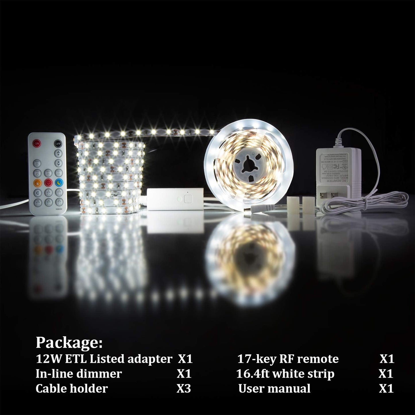 WOBANE LED Strip Lights, 16.4ft Dimmable Tape Lights, 6500K Daylight, Flexible Plastic, RF Remote, Model ZH402, White