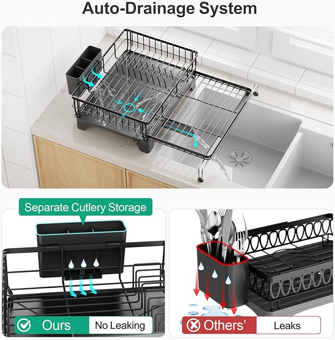 GSlife Extendable Dish Drying Rack - Large 2-in-1 Dish Racks for Kitchen Counter or Over Sink, Anti-Rust Dish Drainer with Pan Slots and Utensil Holder, 13.4"-22.4" L x 16.7" W, Black