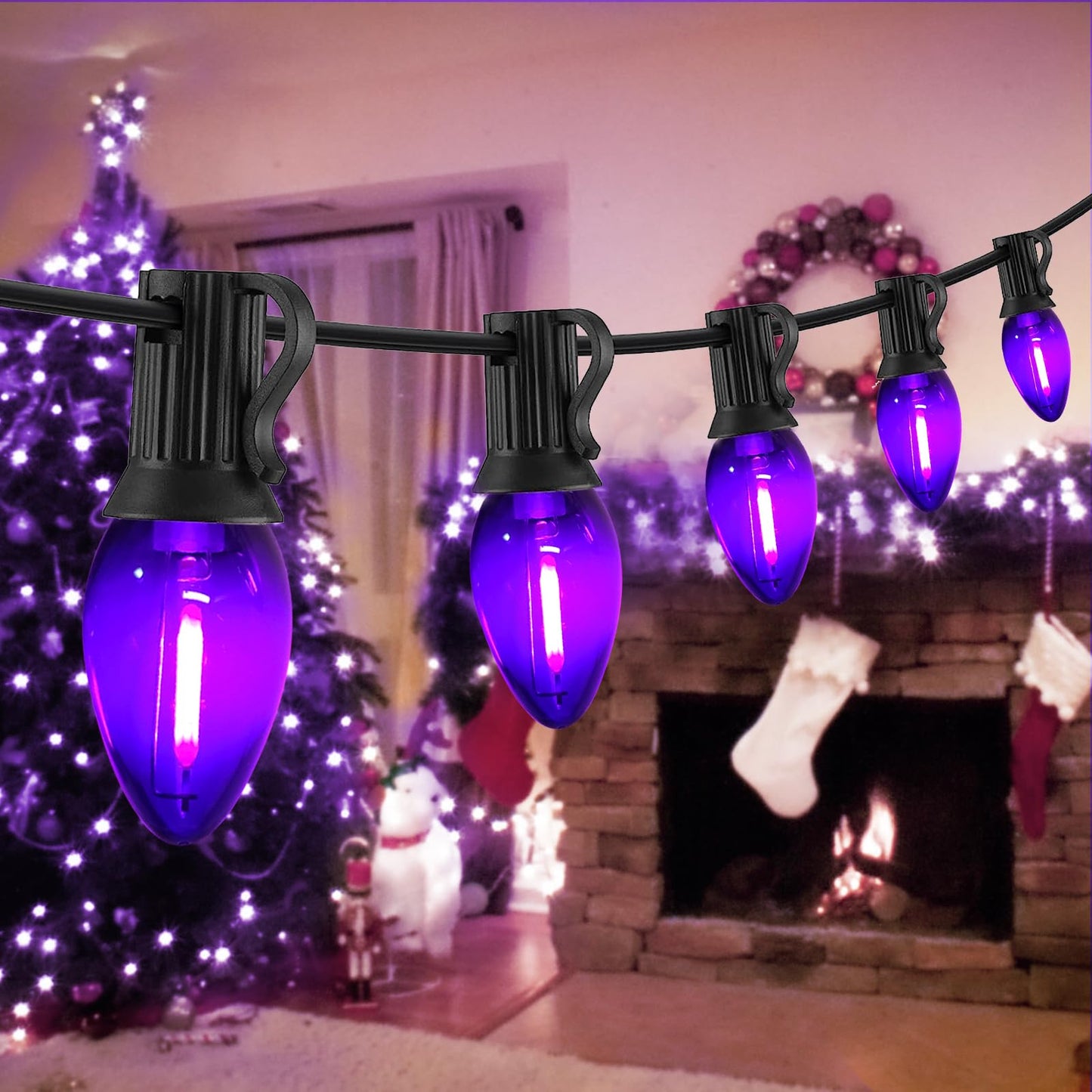 Chyparty 25Ft C7 Purple Halloween Lights Outdoor Indoor Led String Lights With 25 Shatterproof Bulbs For Patio Yard Fence Christmas Tree Holiday D?Cor