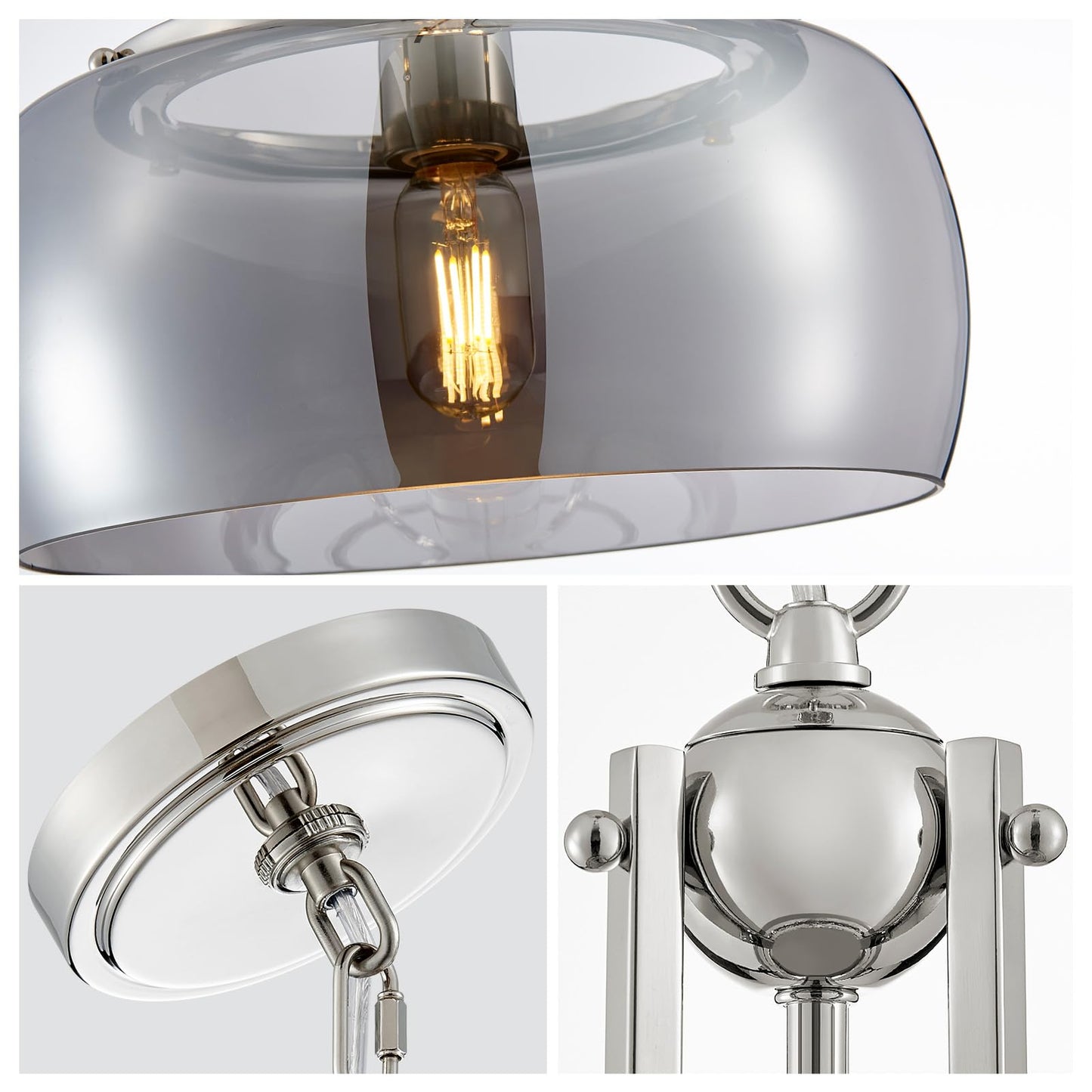 WUZUPS Nickel Chandelier Pendant Light, Electroplated Gray Glass Shade, H 17in W 13.4in, Model USHD9607GR, for Dining Room or Kitchen Island