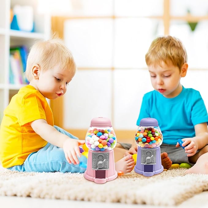 Heleeron Mini Gumball Machine Food Candy Dispenser for Kids,Vintage-Style Bubble Gum Machine (2 units-pink and purple)