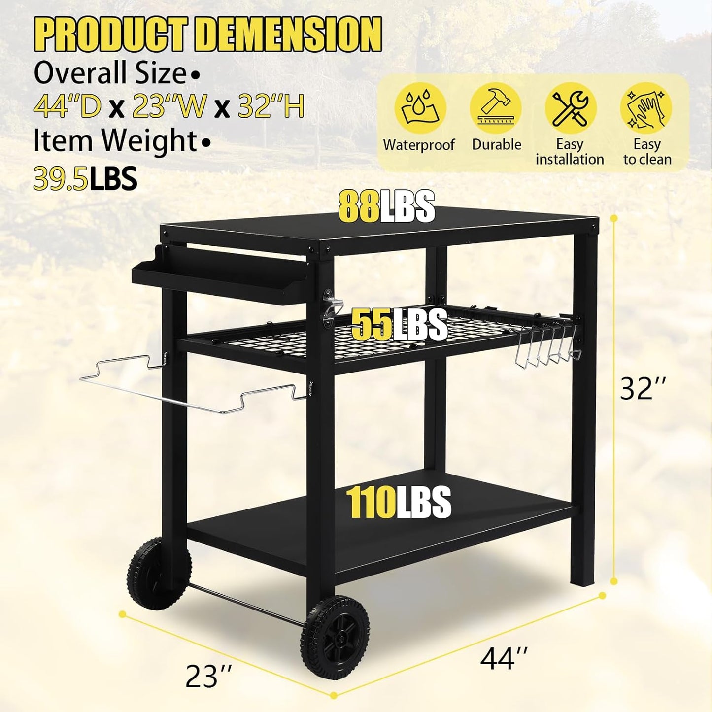 Outvita Outdoor Grill Cart, Movable Food Prep and Work Cart Table, Pizza Oven Stand Table with Wheels, Indoor & Outdoor Multifunctiona BBQ Cart with Mesh Racks for Home Party Camping