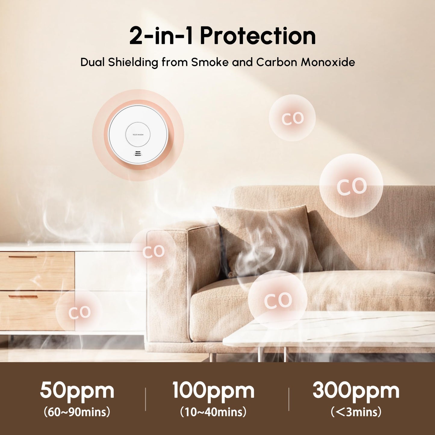KARUOTOP Smoke and Carbon Monoxide Detector Alarm 2 Pack, 10-Year Battery Fire Alarm CO Detector with Large Test/Silence Button, Easy Adhesive or Screw Mount