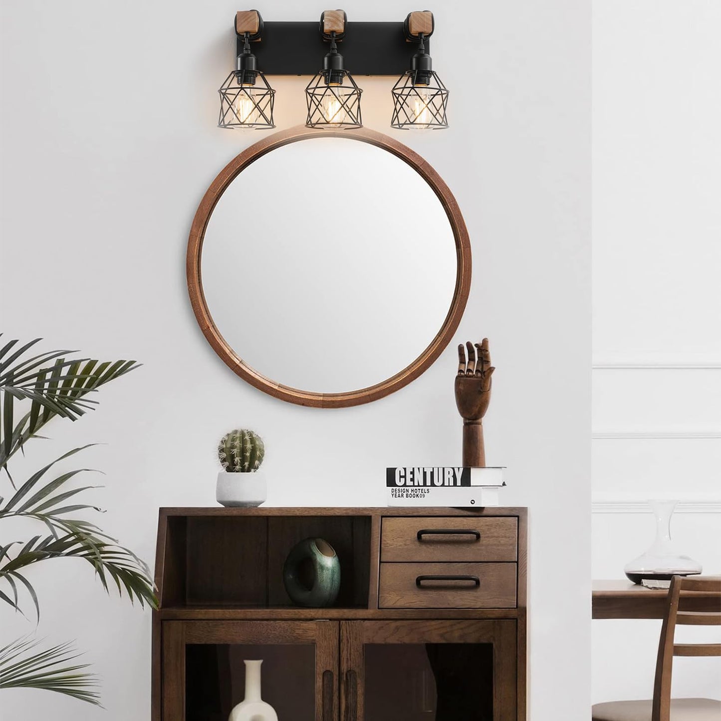Farmhouse Vanity Light Fixture 3-Light Bathroom Lighting Black Industrial Wood Wall Light Over Mirror With Metal Shade Bulbs Not Included