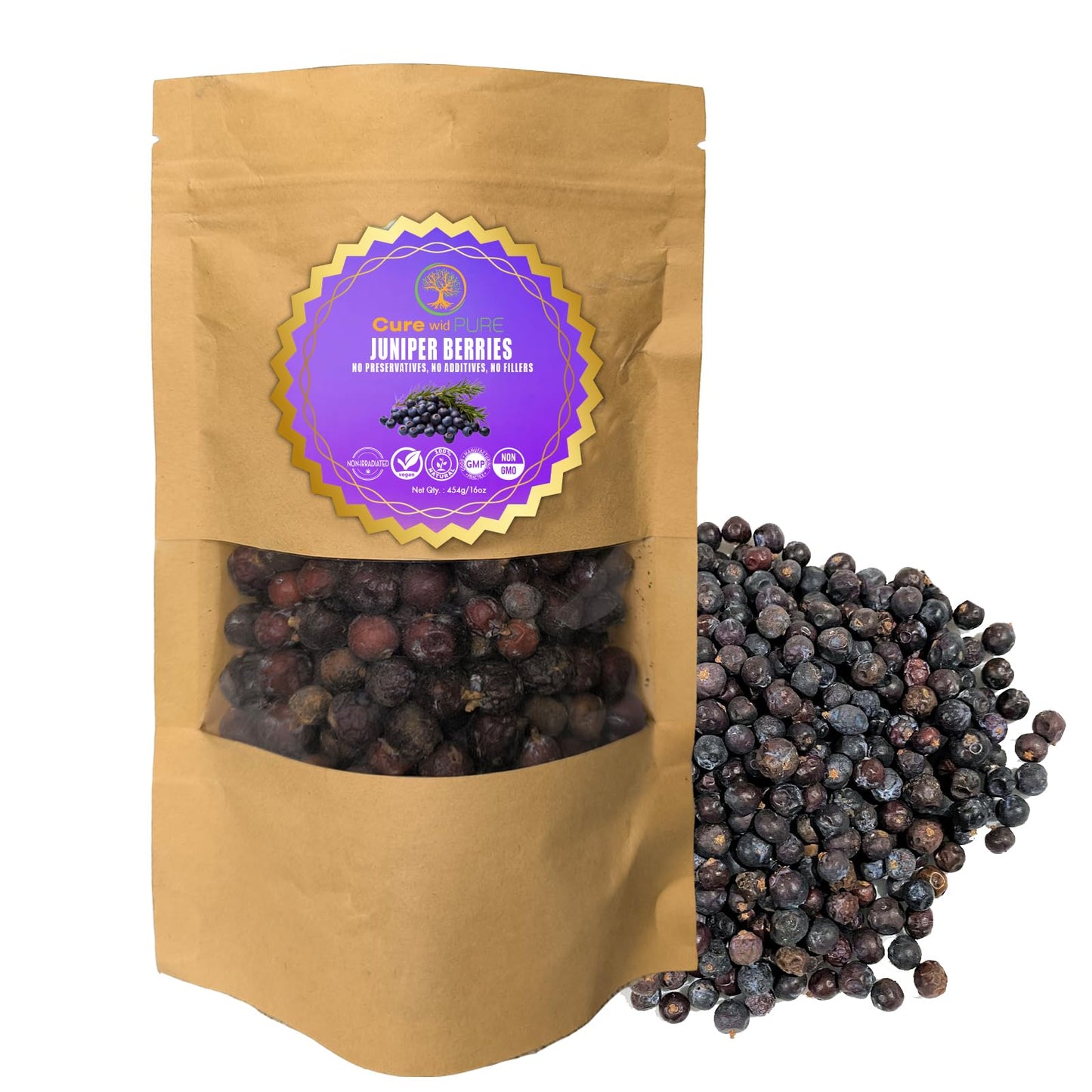 Cure wid Pure Dried Juniper Berries 4oz | Wild Harvested Non-GMO Additives & Preservative-Free Organic Juniper Berries Whole in Eco-Friendly Resealable Bag |Elevate Meats Soups Teas & More