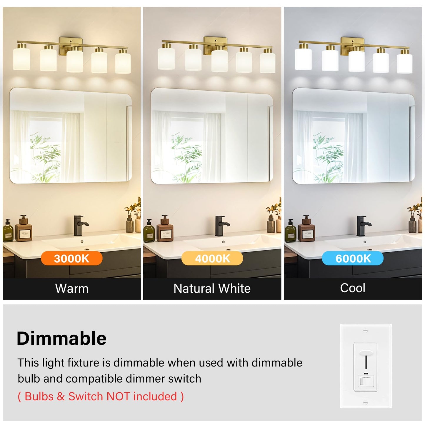 FonmYim 5-Light Bathroom Light Fixture, Brushed Gold Metal Vanity Light with Frosted Glass Shades, Model FY-GB3105-BG5