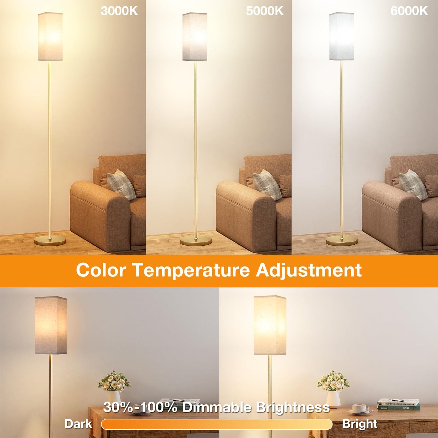 Ambimall Remote Control Floor Lamp, 64in Tall, Stepless Dimmable, Metal, Light Beige & Gold, Includes 9W Bulb, 2 Packs