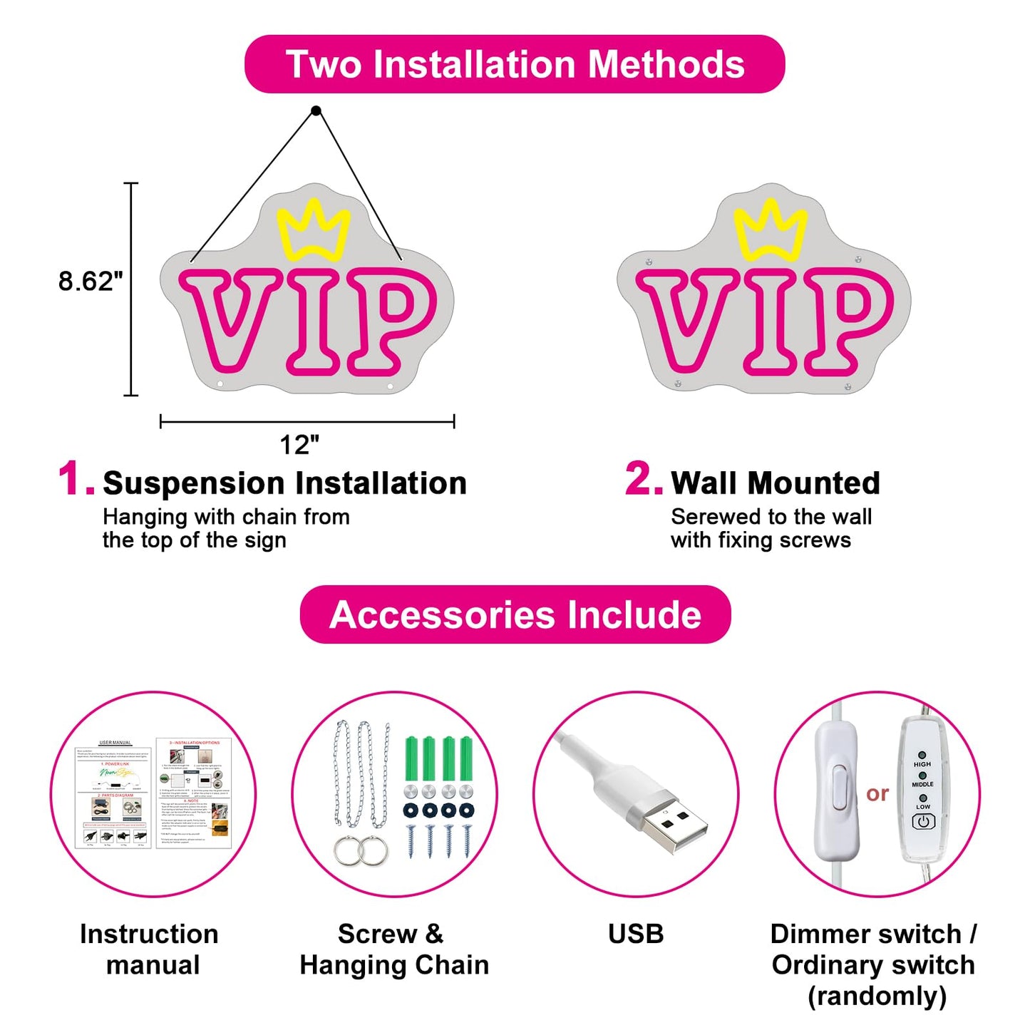 Hdjsign Vip Neon Sign Vip Lounge Neon Light For Wall Decor Usb Powered Letter Vip Crown Light Up Signs Bar Pub Club Hotel Beauty Room Game Room Decor Birthday Gift (12X8.62)
