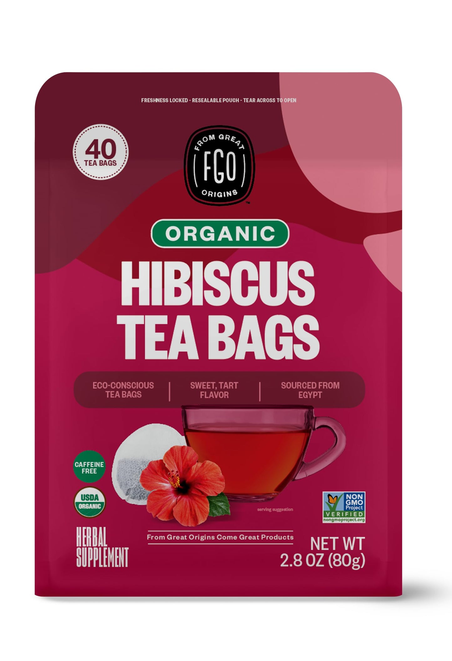 FGO Organic Hibiscus Herbal Tea 40 Count Eco-Conscious Tea Bags Caffeine Free (Pack of 1)