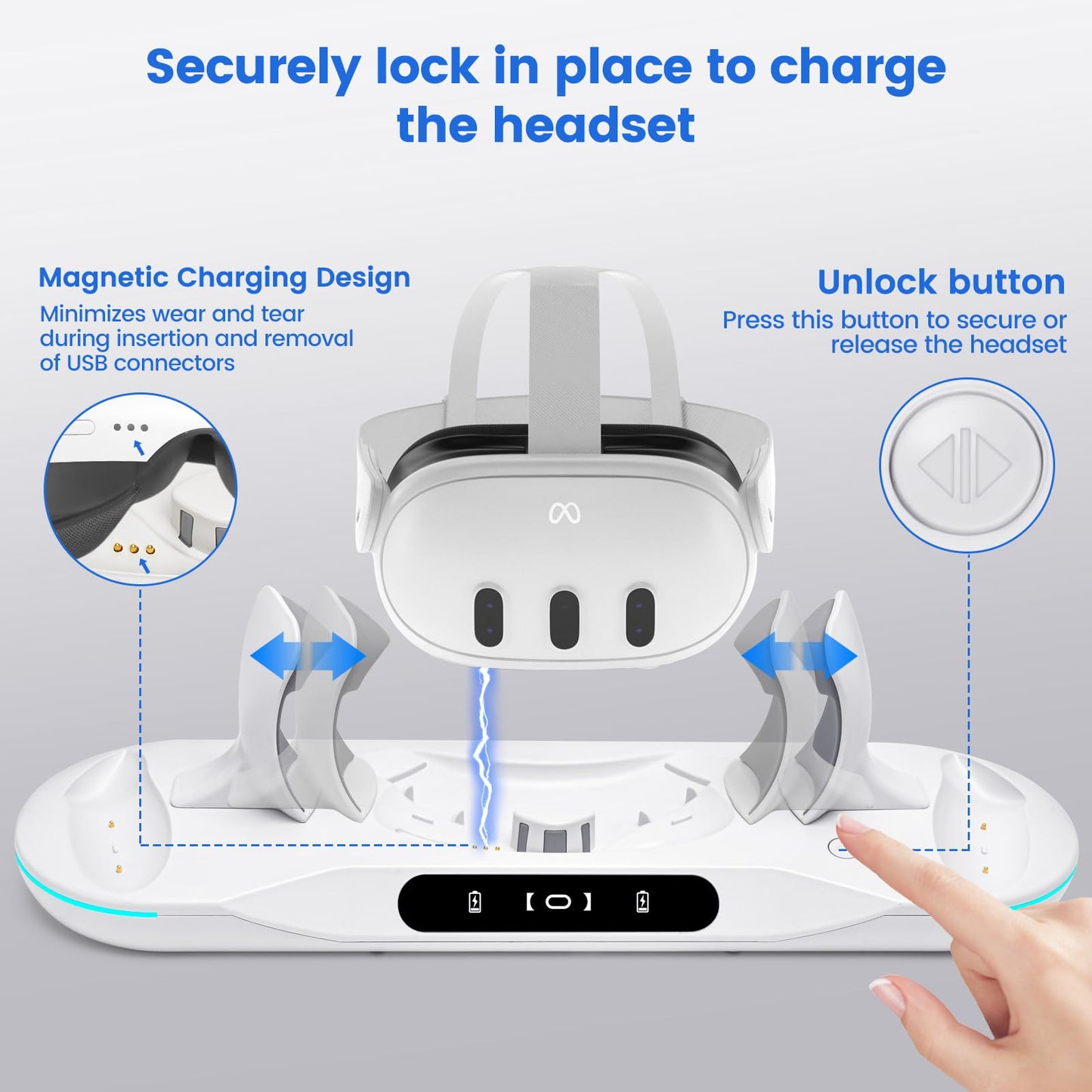 Lampelc Charging Dock for Meta Quest 3, Auto-Clamping Fast Charging Station VR Charger Stand for Headset Controllers Accessories, with 2 Rechargeable Batteries, LED Display