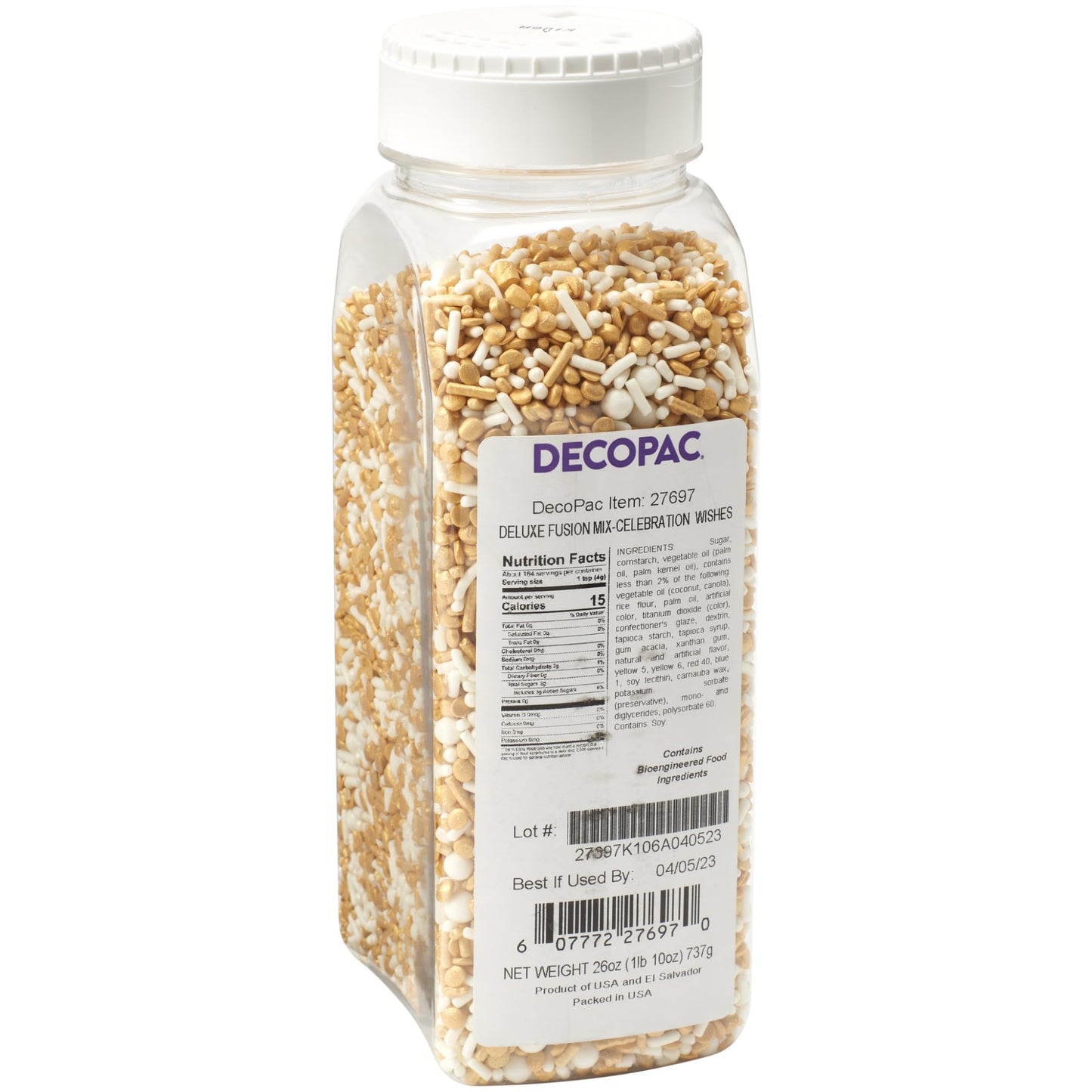 DecoPac Gold Celebration Wishes Fusion Mix Sprinkles 26oz Shaped Candy Sprinkles in Handheld Container Edible Decorations For Celebration Cakes Cupcakes Cookies and Donuts