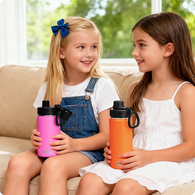 Kids Insulated Water Bottle-16 oz Stainless Steel Vacuum Wide Mouth Sports Flask with Silicone Boot-Reusable Metal Leak Proof Travel Water Bottle for Girls Boys, BPA-Free(Orange)