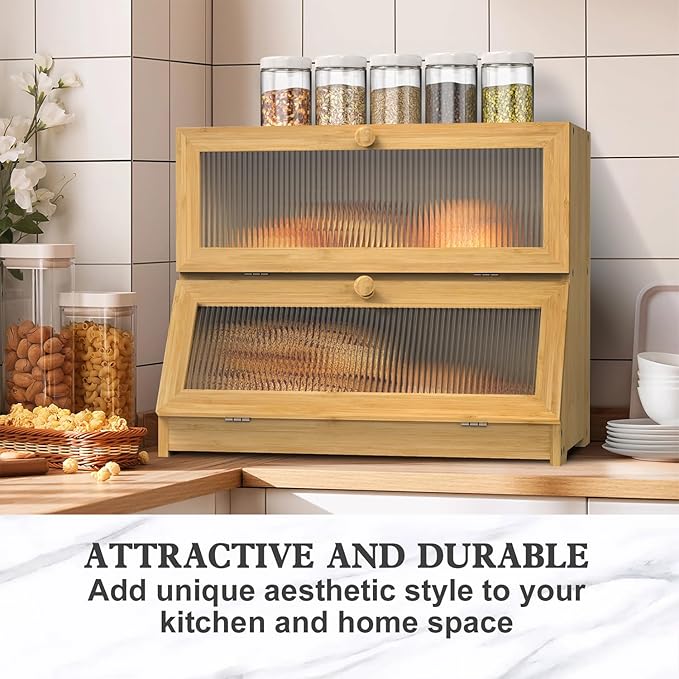 Bread Box for Kitchen Countertop: 2-Tier Bamboo Large Bread Storage Container,Wood Color