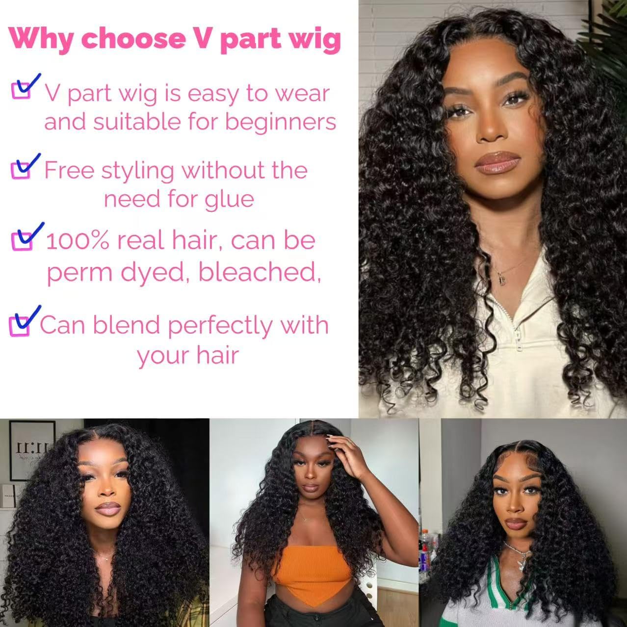 XSSXAKO V Part Wig Human Hair Curly Upgrade U Part Wig For Black Women 100% Human Hair V Shape Curly Glueless Clip In Half Wig N