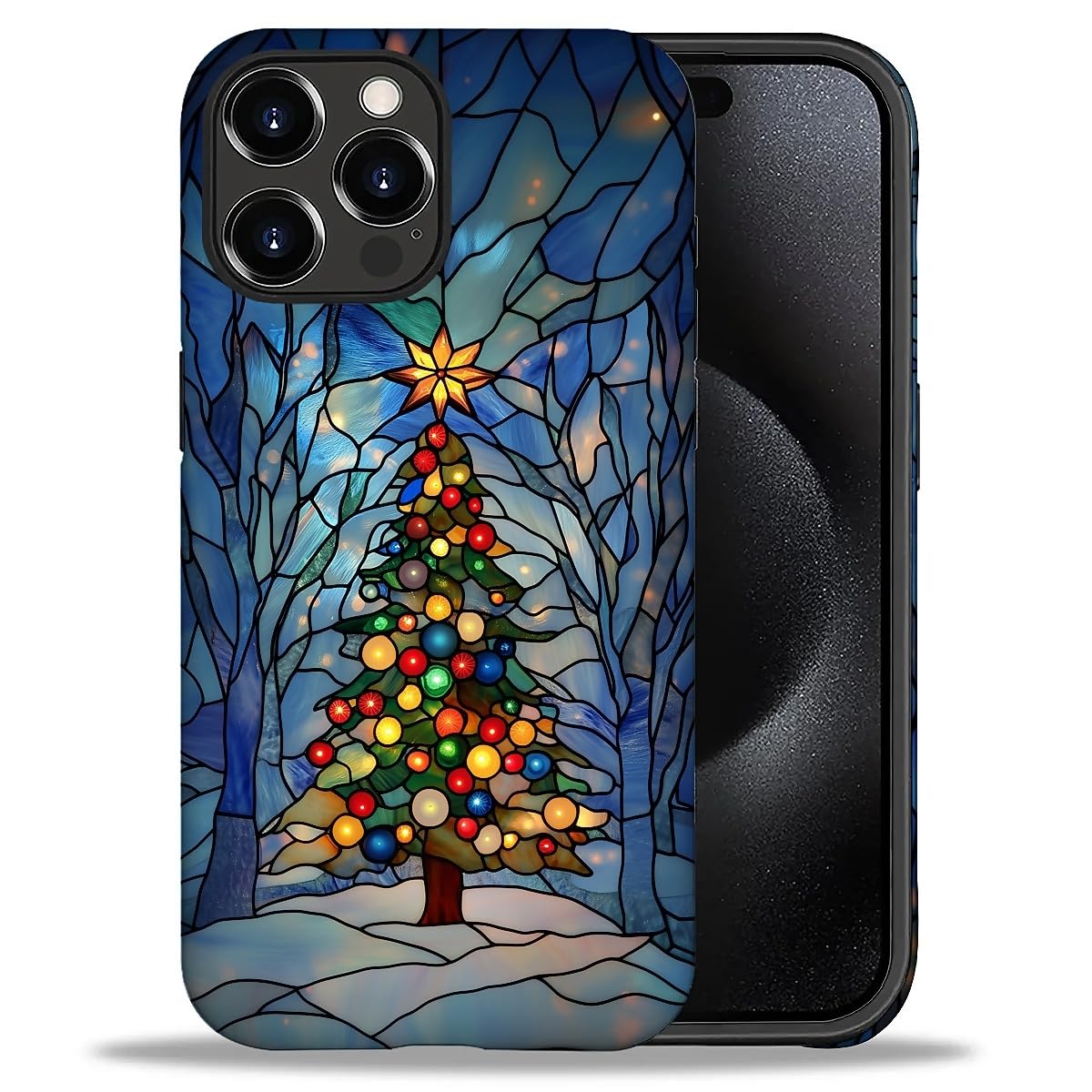 SKAMIX Case for iPhone 16 Pro Max,Drop Protection Hybrid 2-Layer Hard Phone Cover-Stained Glass Winter Christmas Tree