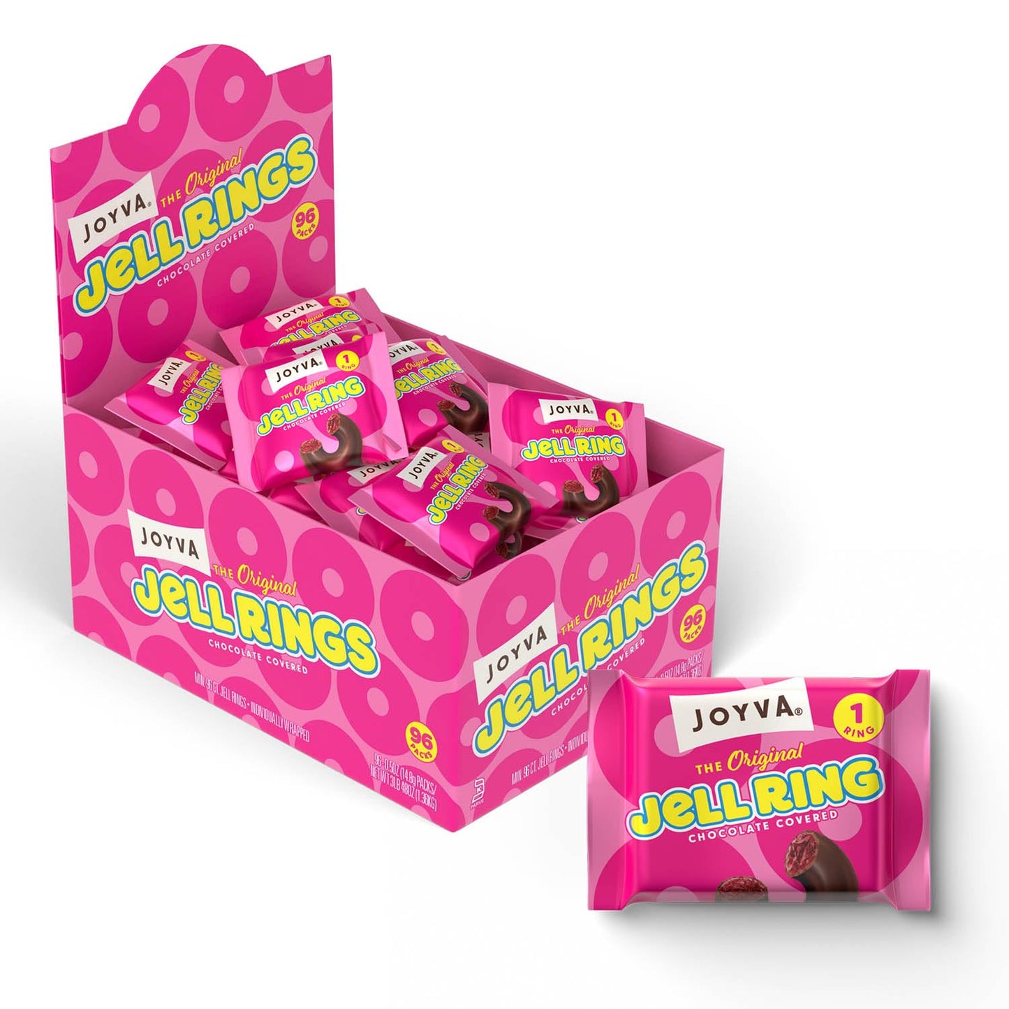 Joyva Original Jell Rings | Box of 96 | Sweet Jell Center with Smooth Dark Chocolate Coating | Kosher Parve | Free of Dairy, Glu