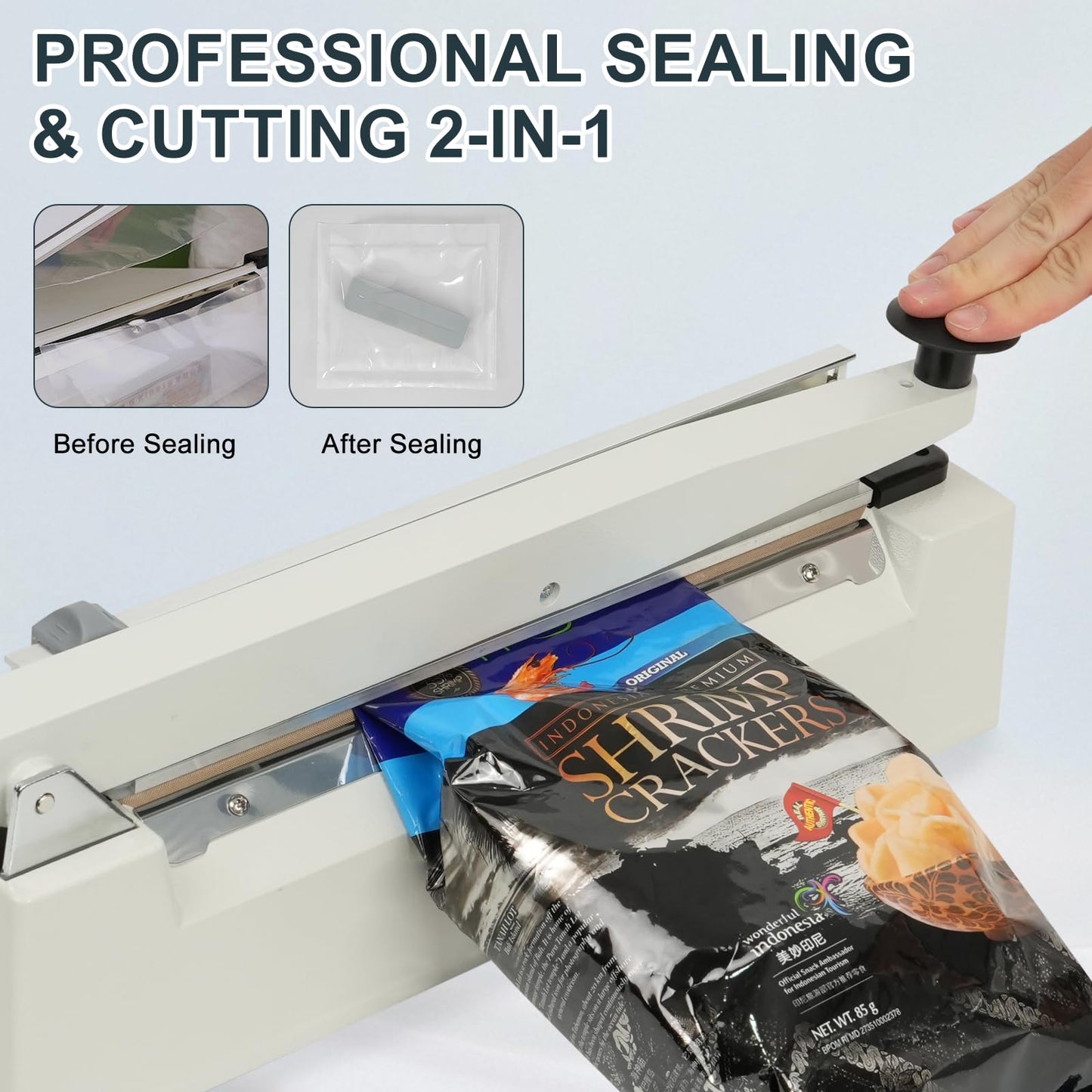 R-PACK Impulse Heat Sealer with Sealing Bar: Heavy-Duty Bag Sealer with Extra Cutting Blade (White, 12-Inch)
