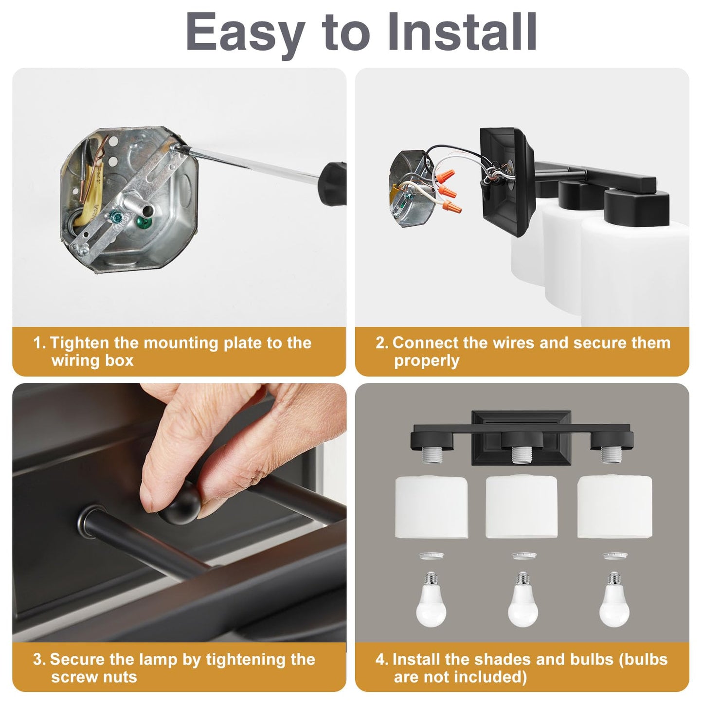 Ejiaxin 3-Light Bathroom Light Fixtures - Black Bathroom Vanity Lights With Frosted Glass Shade Modern Bathroom Lighting Fixtures Over Mirror - Wall Sconce Lamps For Bedroom Living Room Hallway