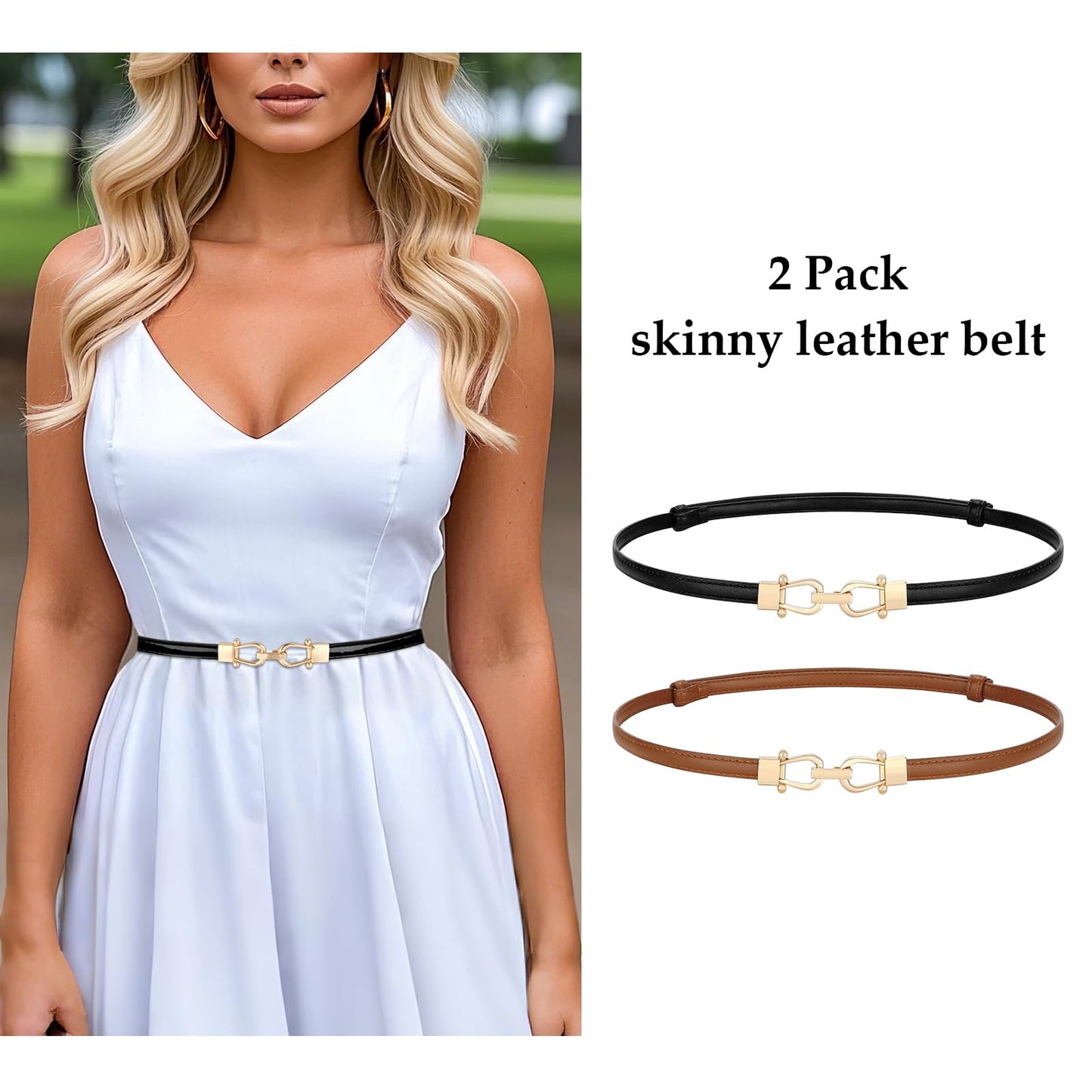WERFORU 2 Pack Women Skinny Belt for Dress,Thin Waist Belt - Adjustable Leather Belt with Gold Buckle, Brown+Black, Fit Waist Size below 37 Inches-