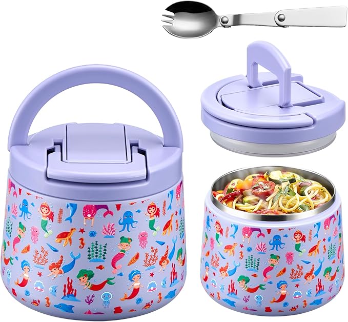 Kids Thermo for Hot Food, 14oz Insulated Soup Jar, Stainless Steel Lunch Box with Leakproof Lid & Spoon, Vacuum Insulated Bento Container (Mermaids Purple)