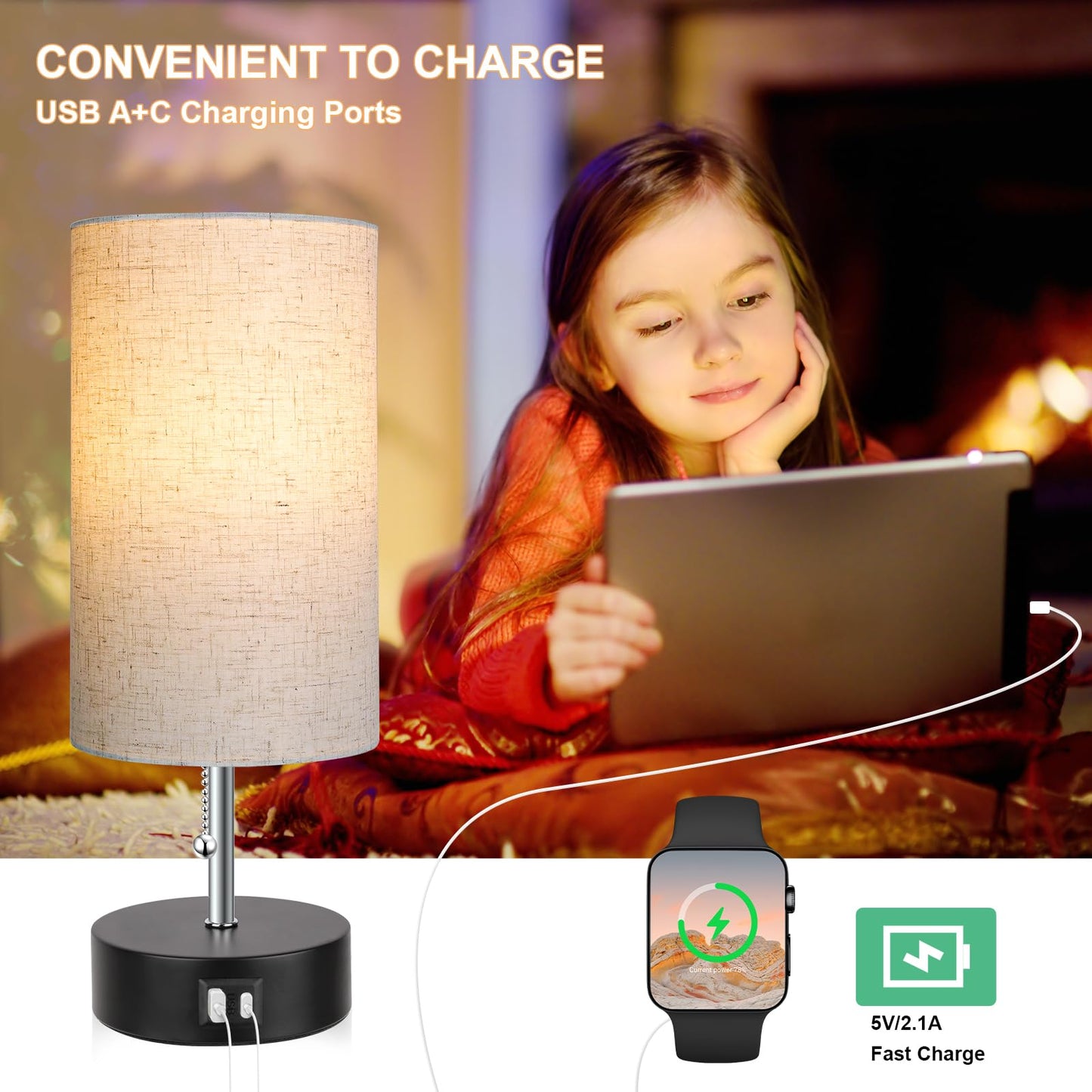 ROTTOGOON Bedside Lamp with USB Port, AC Outlet, LED Bulb, Oatmeal Color