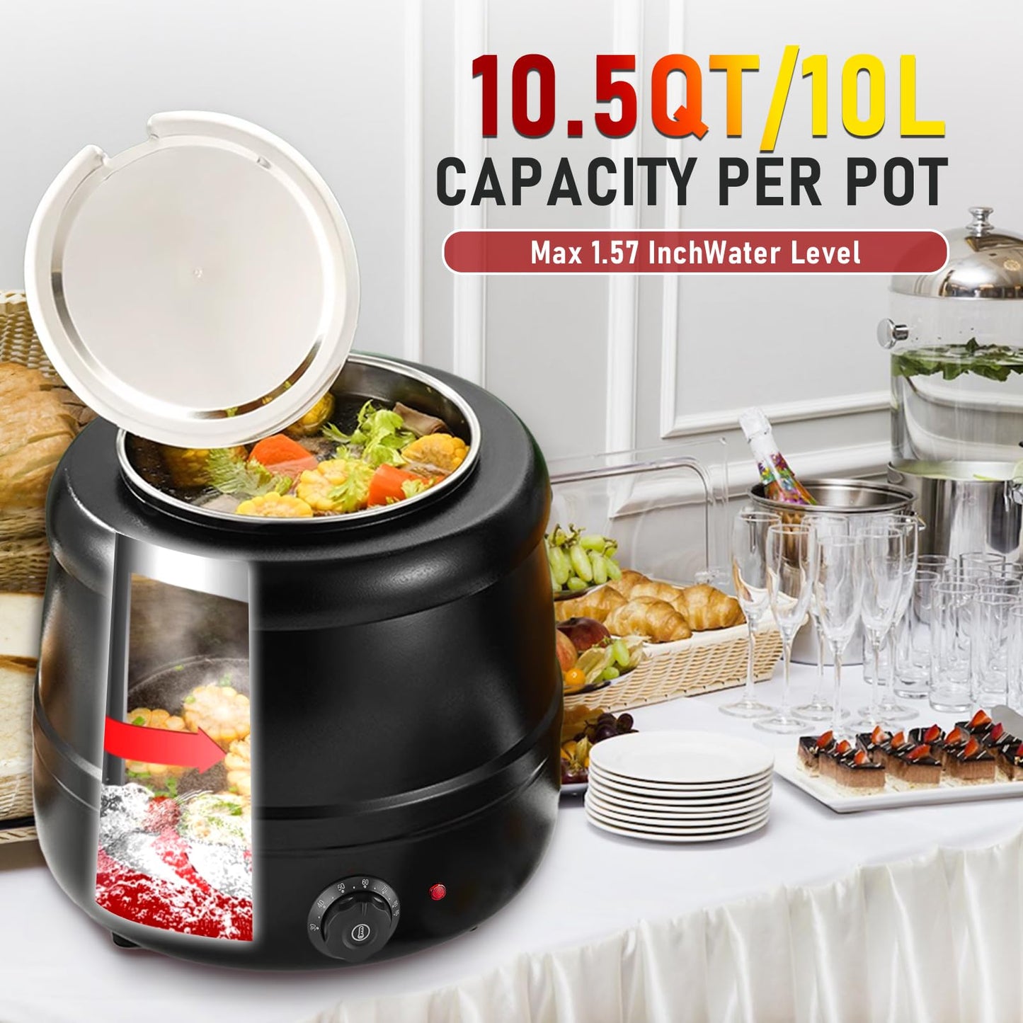 10.5QT Soup Warmers Commercial Soup Kettle with Stainless Steel Hinged Lid and Detachable Insert Pot, Electric Soup Pot for Restaurants and Party, Home, Catering (Black)