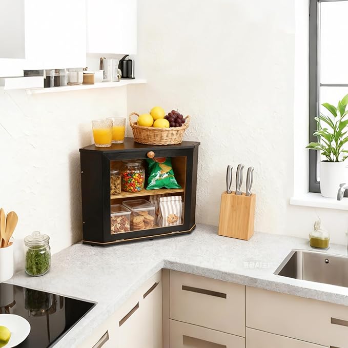 Bamboo Corner Bread Box for Kitchen Countertop, Black Bread Storage Box, Double-Layer Round Wooden Breadbox with Acrylic Transparent Window installed under cabinets, Store Various Foods and Items