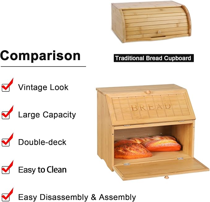 HOMEKOKO Vintage Double Layer Large Bread Box for Kitchen Counter, Retro Design Wooden Large Capacity Bread Storage Bin (Natural Bamboo)