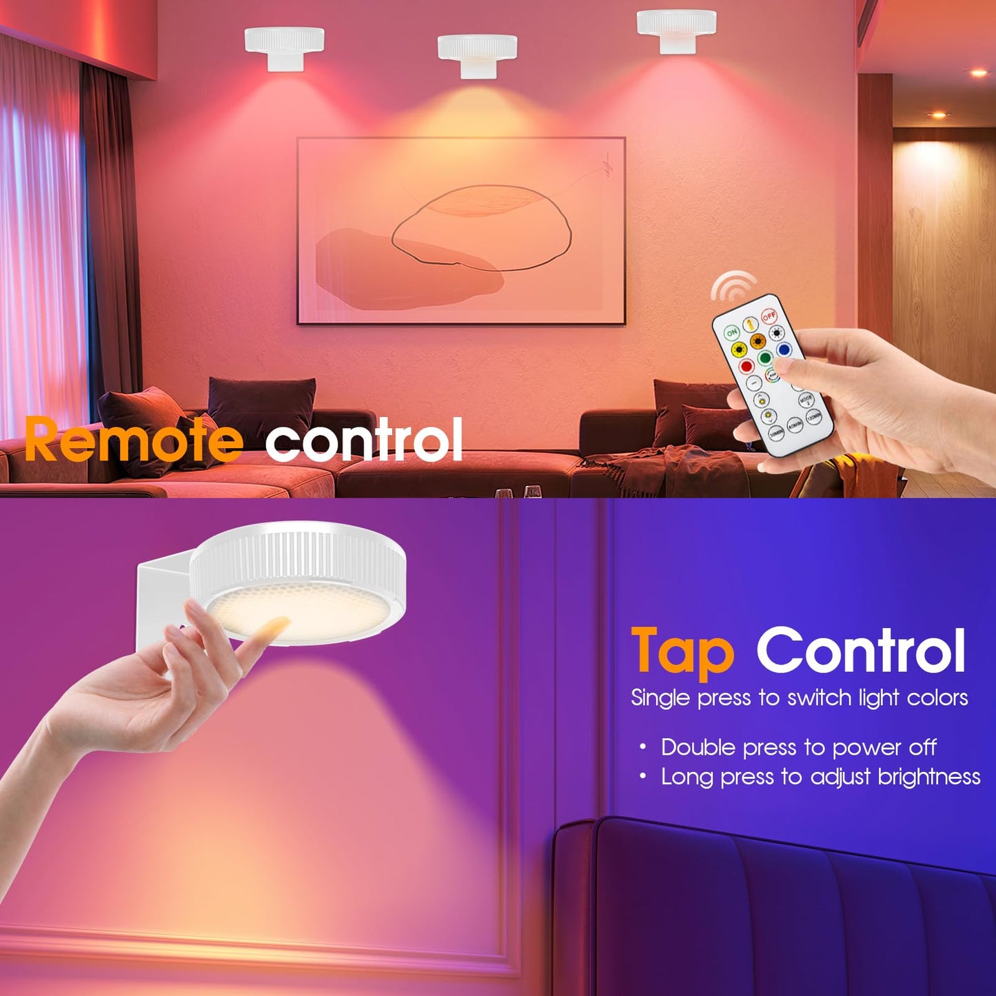 SIXDEFLY RGB Magnetic Suction Spotlight - Battery-Powered, Wireless, Remote Control - 3 Pack - White