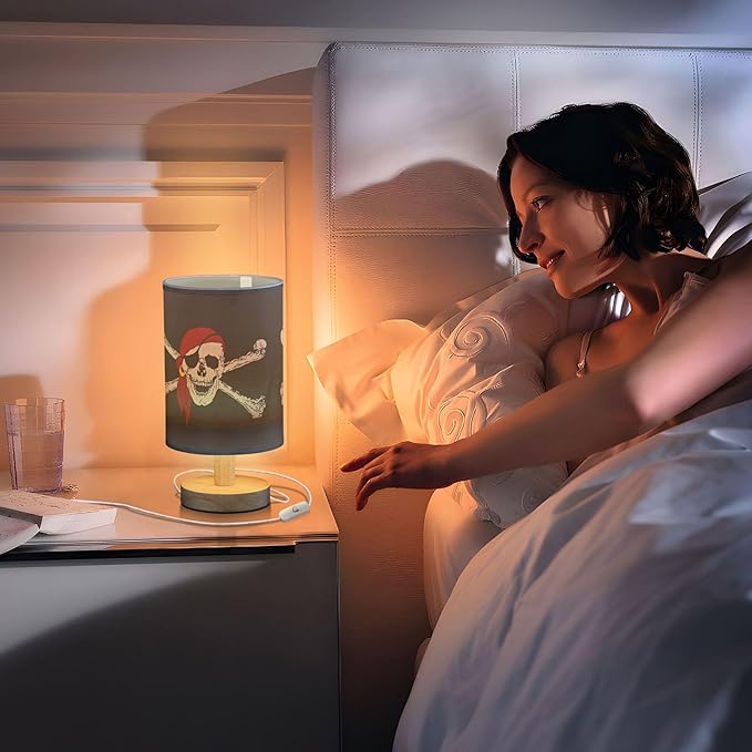 Table Lamp Pirate Skull Crossbones on Black Nightstand Lamp with Wood Base Fabric Lamp Shade Bedside Desk Lamp for Living Room Bedroom Kids Room Office