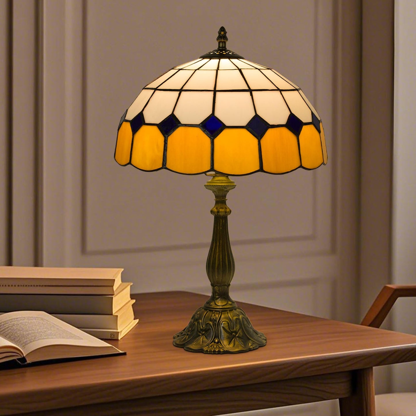 Crefotu 12 Inch Tiffany Table Lamp with Remote Control, Stepless Dimmable, Glass, Beige Plaid, Model CFLPUS-004