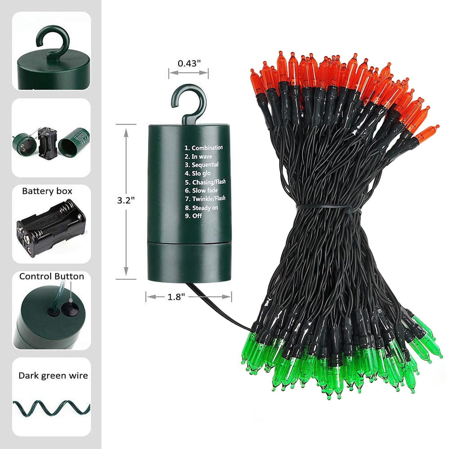 Lyhope Battery Christmas Lights 2Pack Total 66Ft 200 Led Christmas Lights Waterproof 8 Modes Battery Operated String Light For Outdoor & Indoor Xmas Tree Wreaths Holiday Decoration (Red & Green)