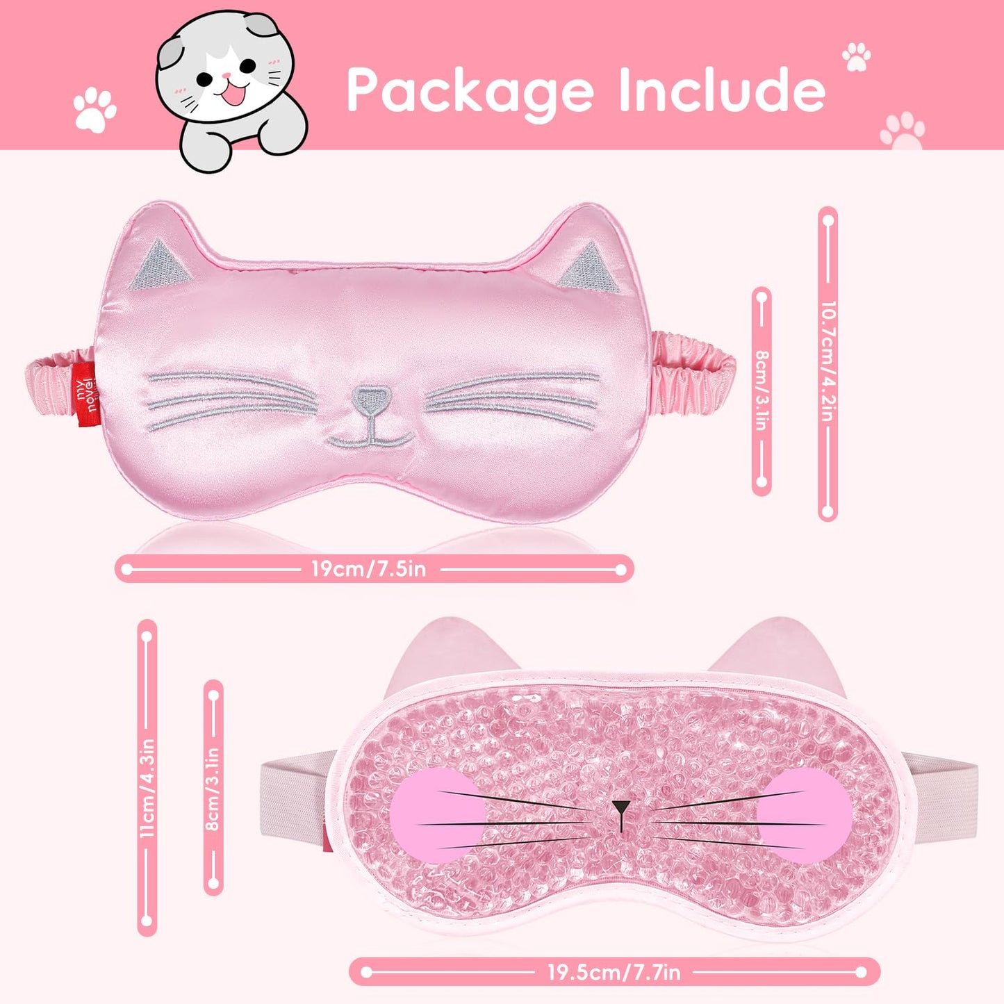 Cooling Eye Mask and Sleep Mask for Woman 2 Pcs, Cute Animal Cat Cartoon Pink Sleeping Mask Soft Cold Warm Compress Gifting for Dry Eyes Puff Eye Migraine Spa, Office, Morning Refreshment