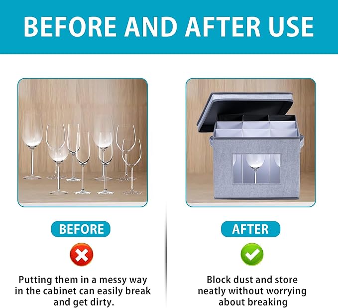VENO Wine Glass Storage Box with Lid and Handles, Glasswares, China Organizer, Great for Moving, Transport. Dividers for 9 Glasses (Wine Glasses - 1 Pack)