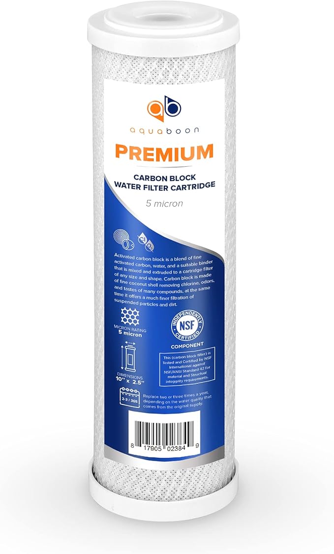 Aquaboon 5 Micron Water Filter 10 x 2.5 - Premium Carbon Block Water Filter - Carbon Water Filter Cartridges - Whole House Water Filter Cartridge Replacement Compatible with FXWTC, WFPFC8002, 3 Pack