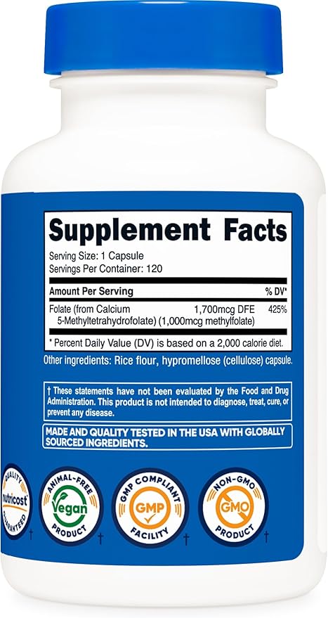 Nutricost Methylfolate 1000mcg, 120 Vegetarian Capsules - Gluten Free, Non-GMO