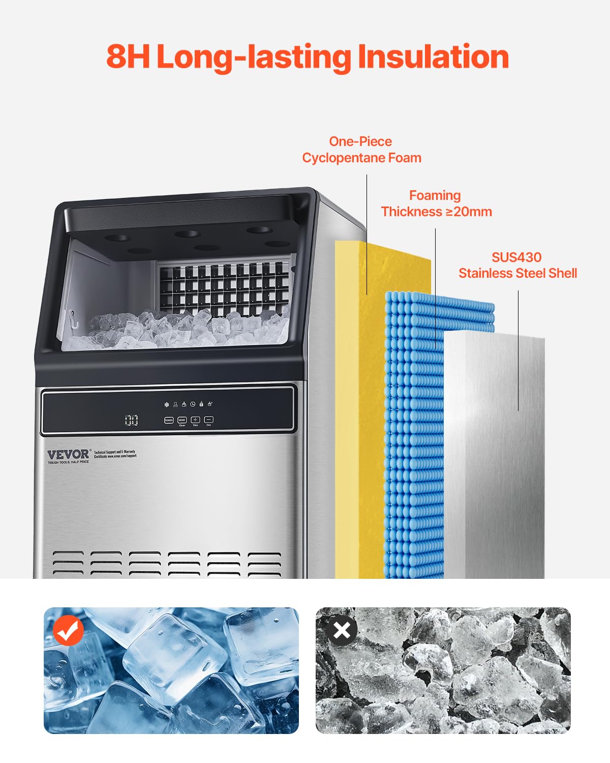 Vevor 160Lbs/24H Commercial Ice Maker, 55 Ice Cubes In 15 Minutes, Freestanding Ice Maker Machine With 33Lbs Large Storage Capac
