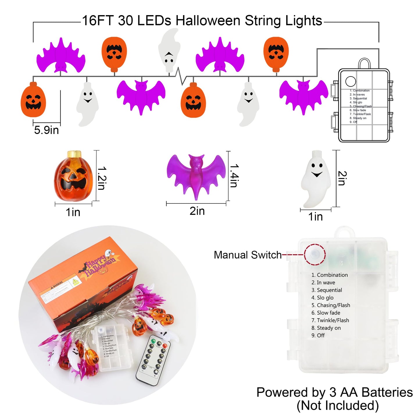 Zimati Halloween String Lights, 16 FT, 30 LED, 3D Pumpkin Bat Ghost, Battery Operated, 8 Lighting Modes, Orange/Purple/White, Model ZM001