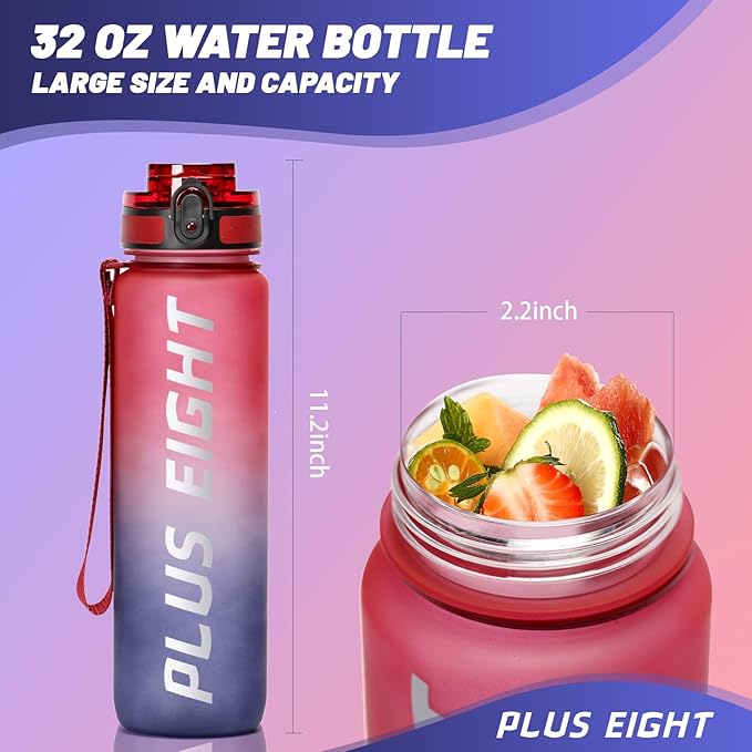 Sports Water Bottle, 32 oz Motivational Water Bottles with Time Marker to Drink, Leak-Proof Tritan BPA-Free with Carrying Strap for Women Men Gym Fitness Outdoor (Red Black)