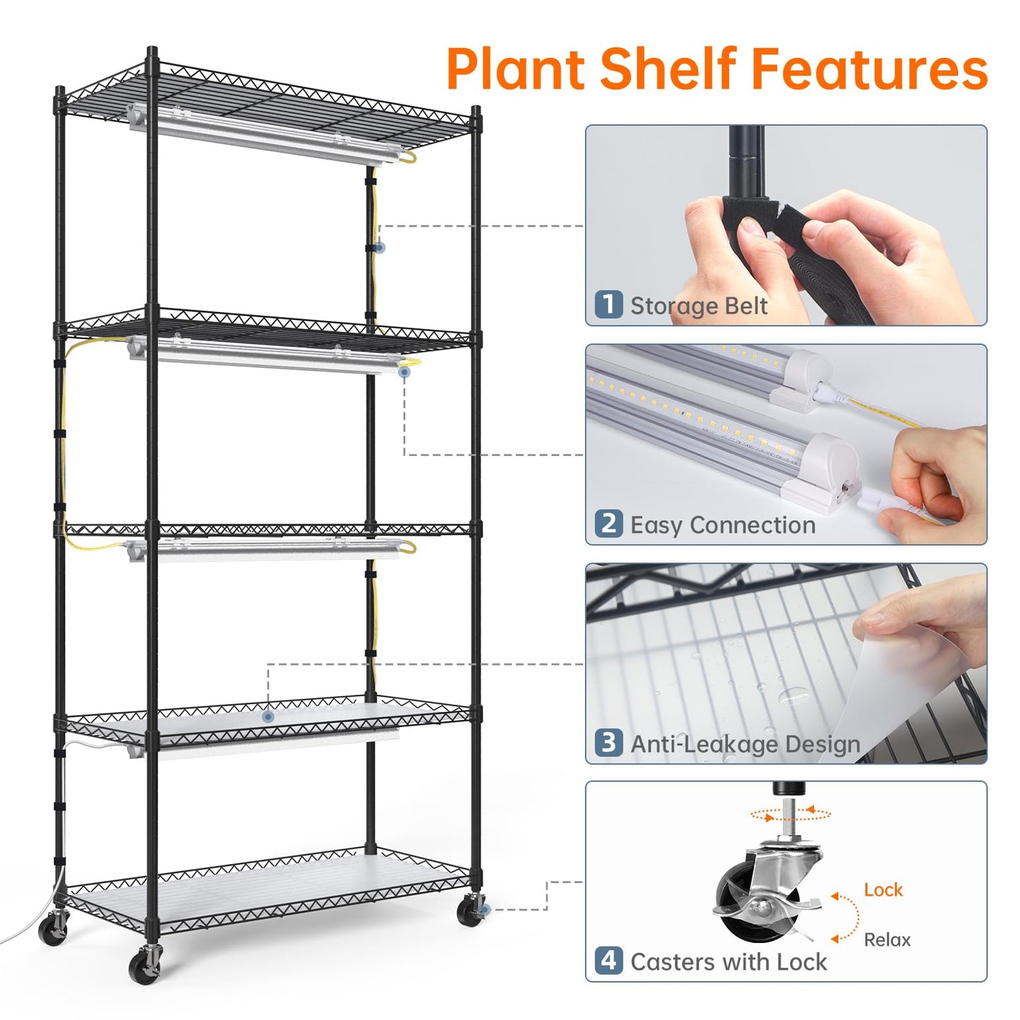 Bstrip 5-Tier Plant Shelf with Grow Lights, T8 24W Full Spectrum LED, 5000K, White, Model INW55660T652Jc, 29.