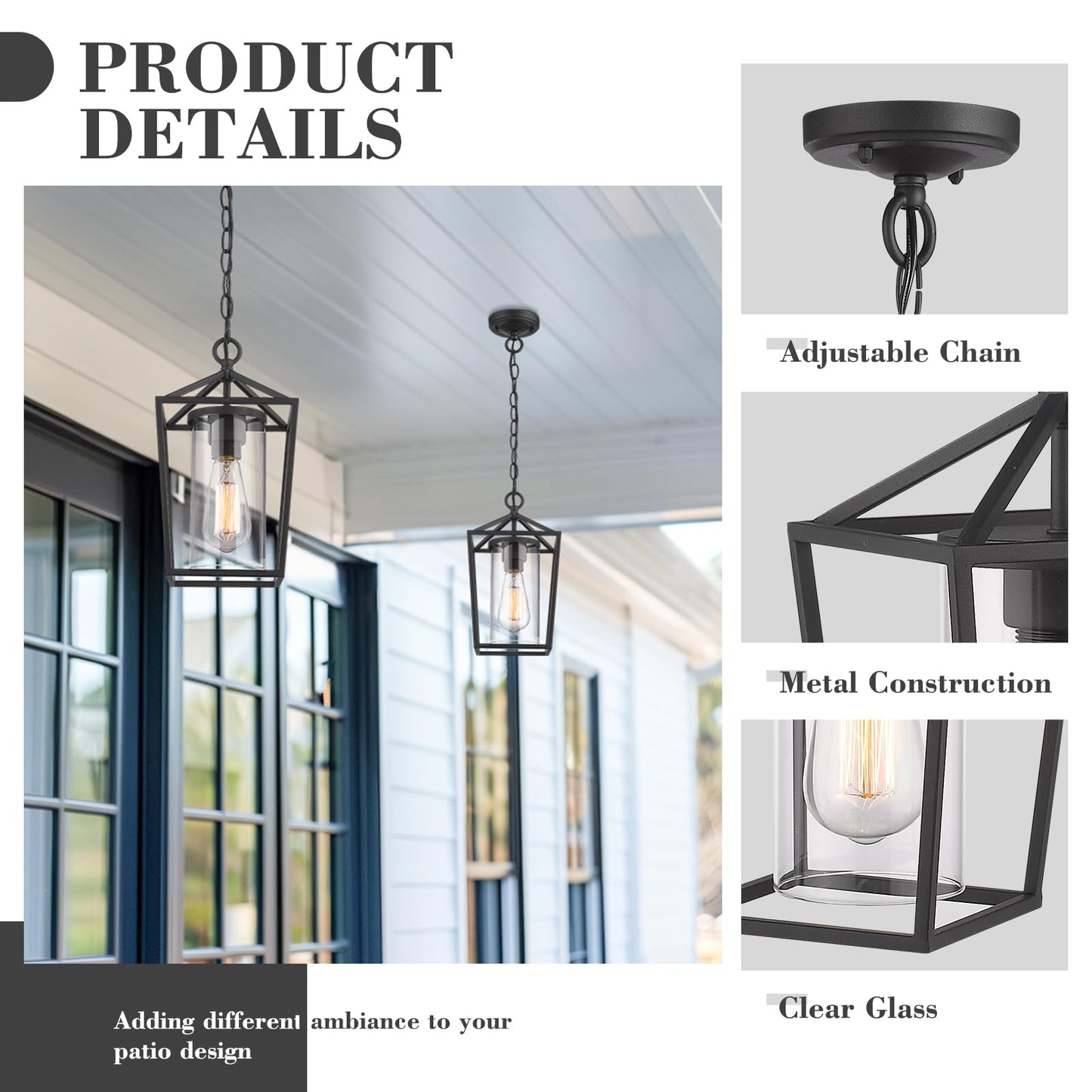Emliviar Outdoor Pendant Light, 1-Light Hanging Lantern, Black Finish, Clear Glass, Model 20065H BK