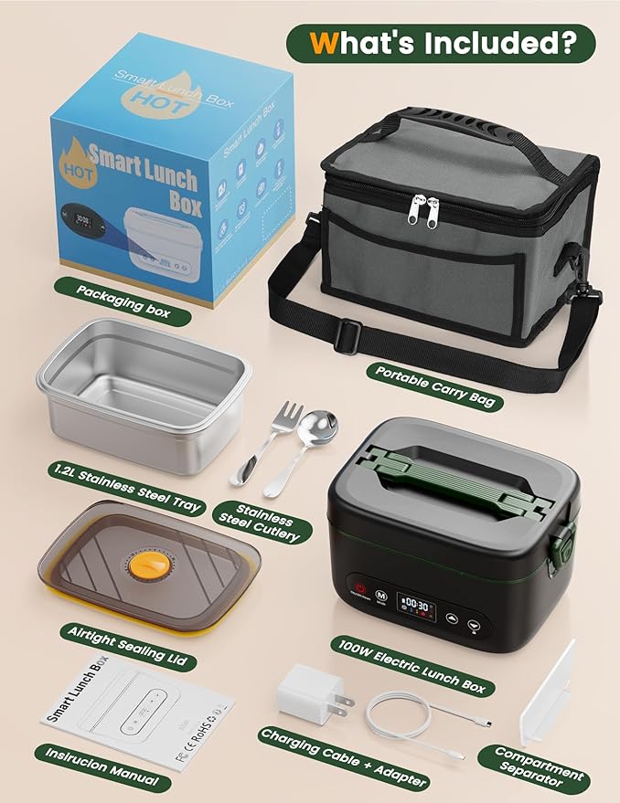 Cordless Electric Lunch Box, 1.2L Battery Powered Heated Lunch Box – 100W, 24000mAh Rechargeable Portable Self-Heating Food Warmer with 5-Sided Automatic Heating for Outdoors, Truck, Office, BPA-Free