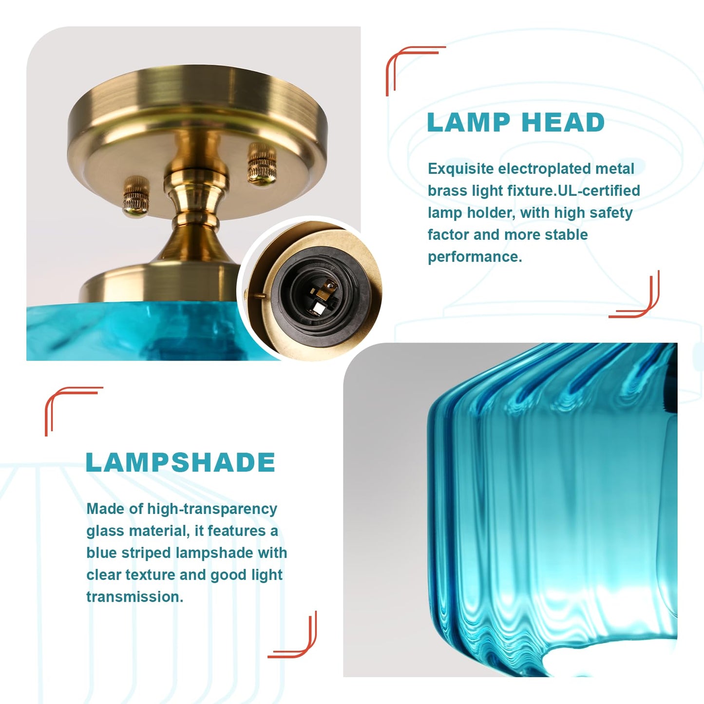 Qepeety Blue Glass Flush Mount Ceiling Light 11.02 Vintage Gold Chandelier Hallway Lights Fixture Modern Close To Ceiling Lighting For Bathroom Bedroom Compatible With E26 Bulb (Bulb Not Included)