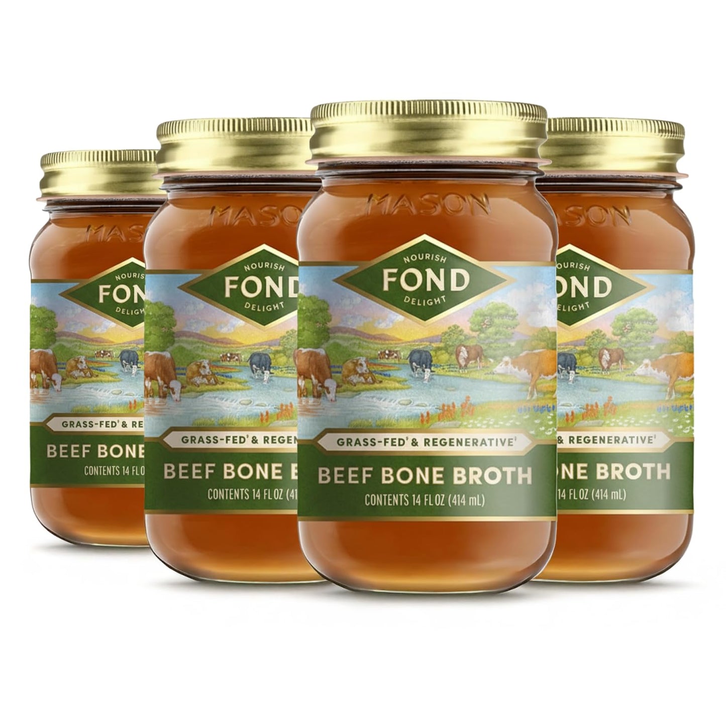 FOND Regenerative Grass Fed Beef Bone Broth - Slow-Simmered Beef Broth for Rich and Nourishing Flavor Nutrient-Dense Artisan Quality - Pure & Unflavored 14 oz (4-Pack)