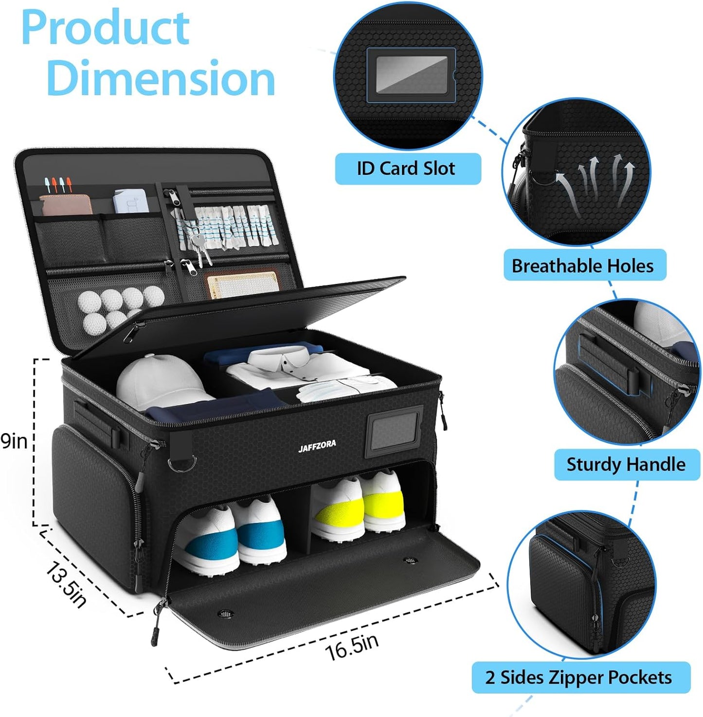3-Layer Golf Trunk Organizer, Golfer Gifts for Men Women with Separate Ventilated Compartment for 2 Pairs Shoes, Waterproof Car Golf Locker Storage Bag for Golf Gear and Accessories,Black
