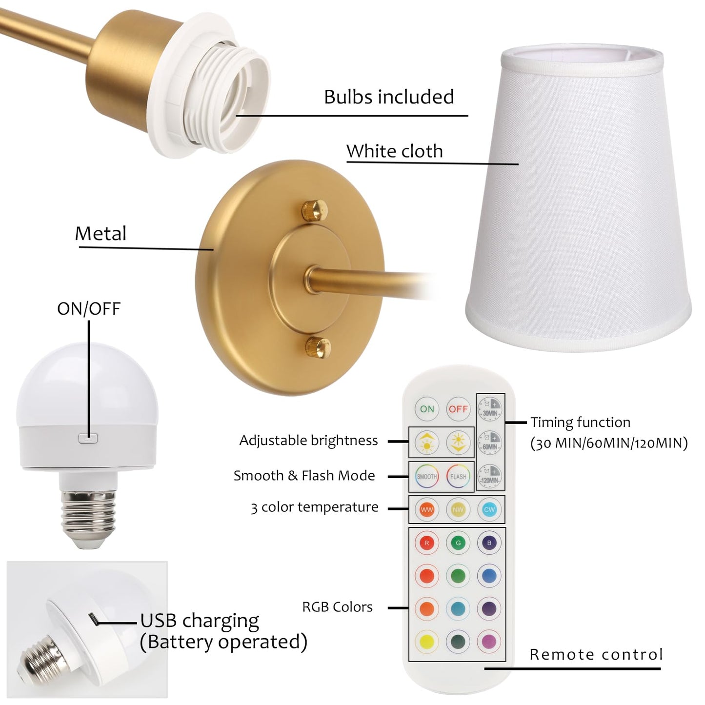Pathson Battery Operated Wall Sconce Light Set of 2, Rechargeable Dimmable, Antique Brass, Remote Control, Model XLUS3002X2