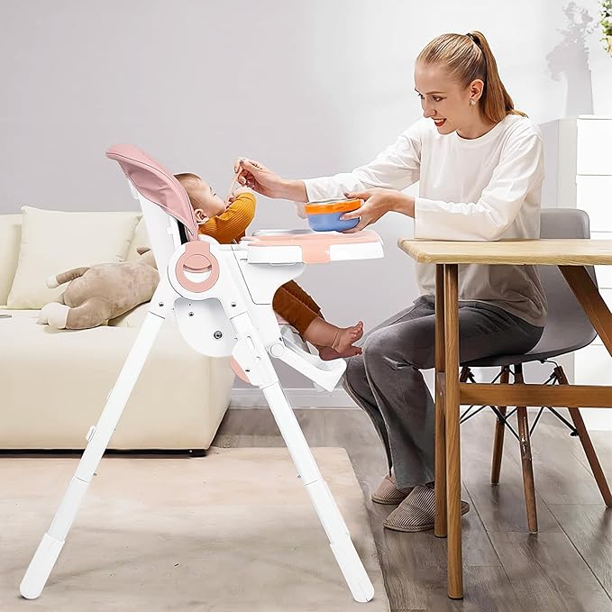 4 in 1 High Chairs for Babies and Toddlers, Foldable Baby High Chairs, Feeding and Eating Seat Highchair with 4 Levels of Recline and 7 Levels of Height Adjustment, Pink